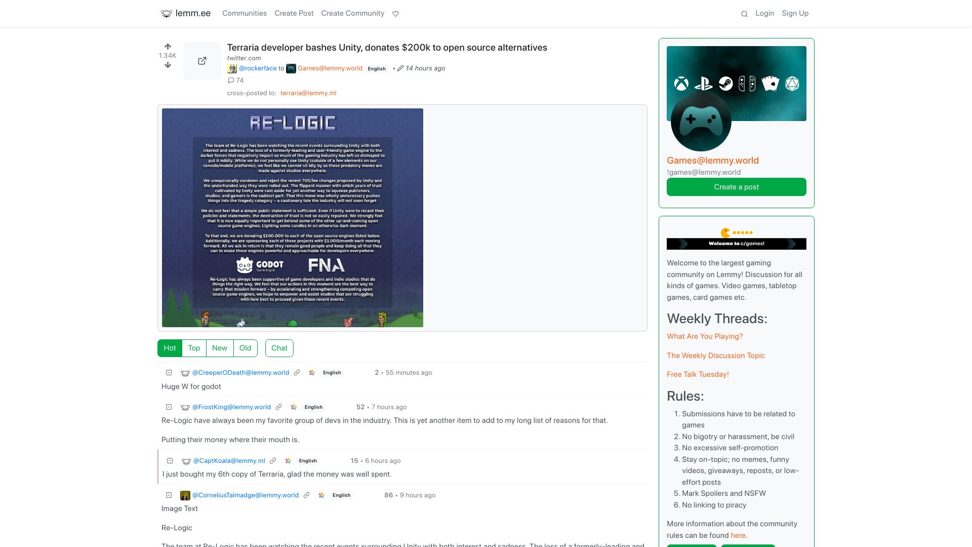Screenshot of lemm.ee: Terraria developer bashes Unity, donates $200k to open source alternatives