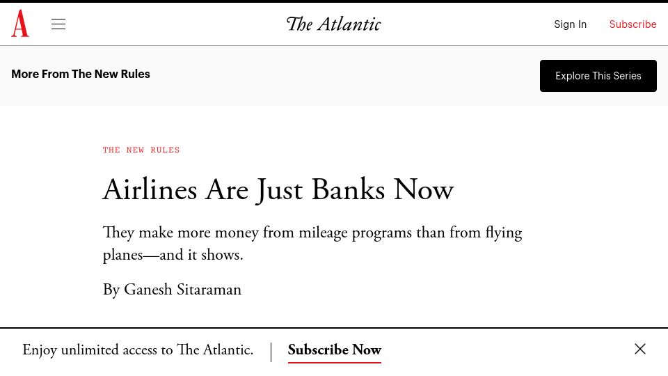 Screenshot of theatlantic.com: Airlines make more money from mileage programs than from flying planes