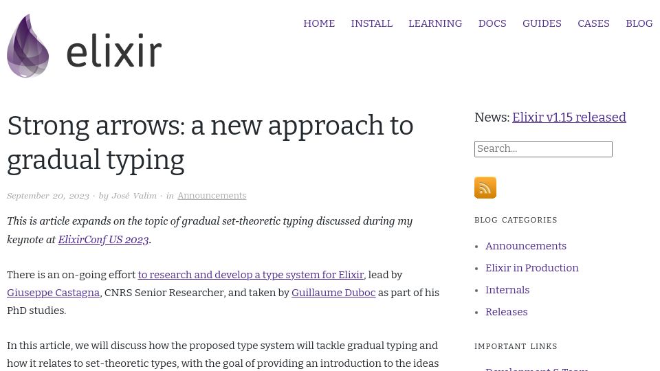 Screenshot of elixir-lang.org: Strong arrows: a new approach to gradual typing