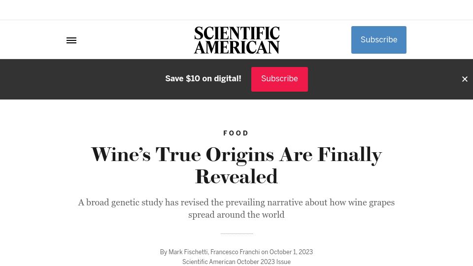 Screenshot of scientificamerican.com: A genetic study has revised the narrative about how wine grapes spread