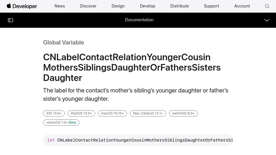 Screenshot of developer.apple.com: LabelContactRelationYoungerCousinMothersSiblingsDaughterOrFathersSistersDaughter