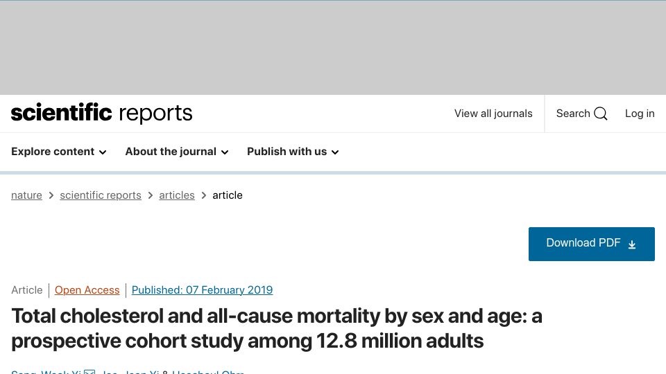 Screenshot of nature.com: Total cholesterol and mortality by sex and age:study of 12.8M adults