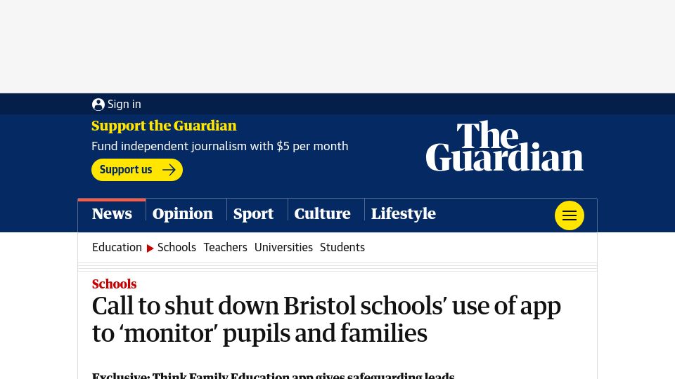 Screenshot of theguardian.com: Call to shut down Bristol schools’ use of app to ‘monitor’ pupils and families