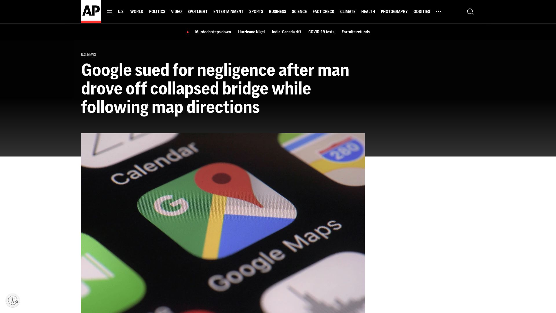 Screenshot of apnews.com: Google sued for negligence after man died following map directions