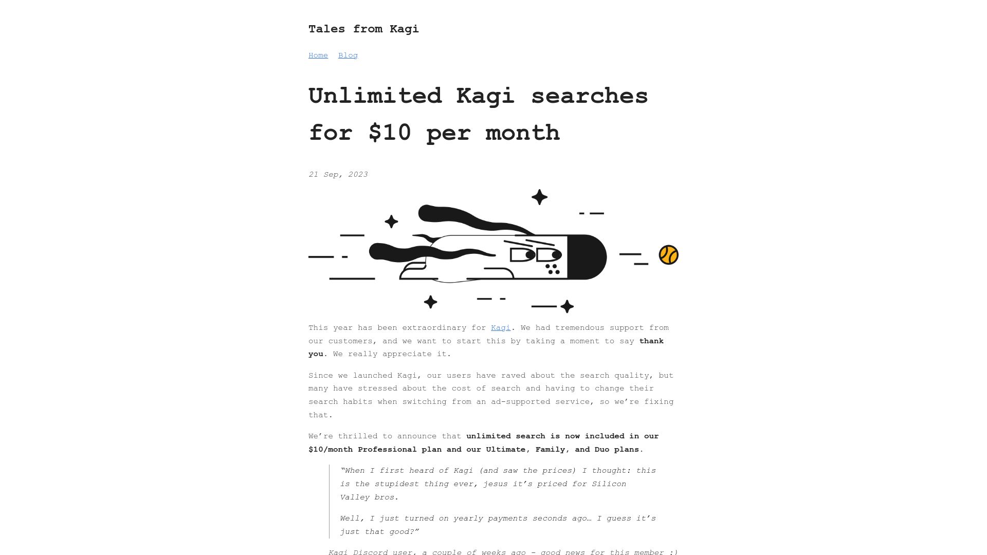 Screenshot of blog.kagi.com: Unlimited Kagi searches for $10 per month