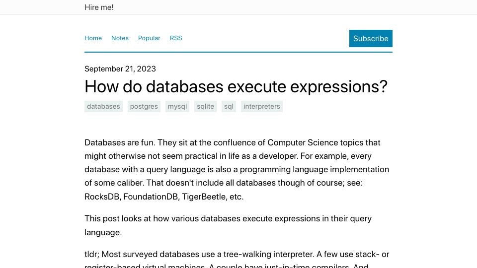 Screenshot of notes.eatonphil.com: How do databases execute expressions?