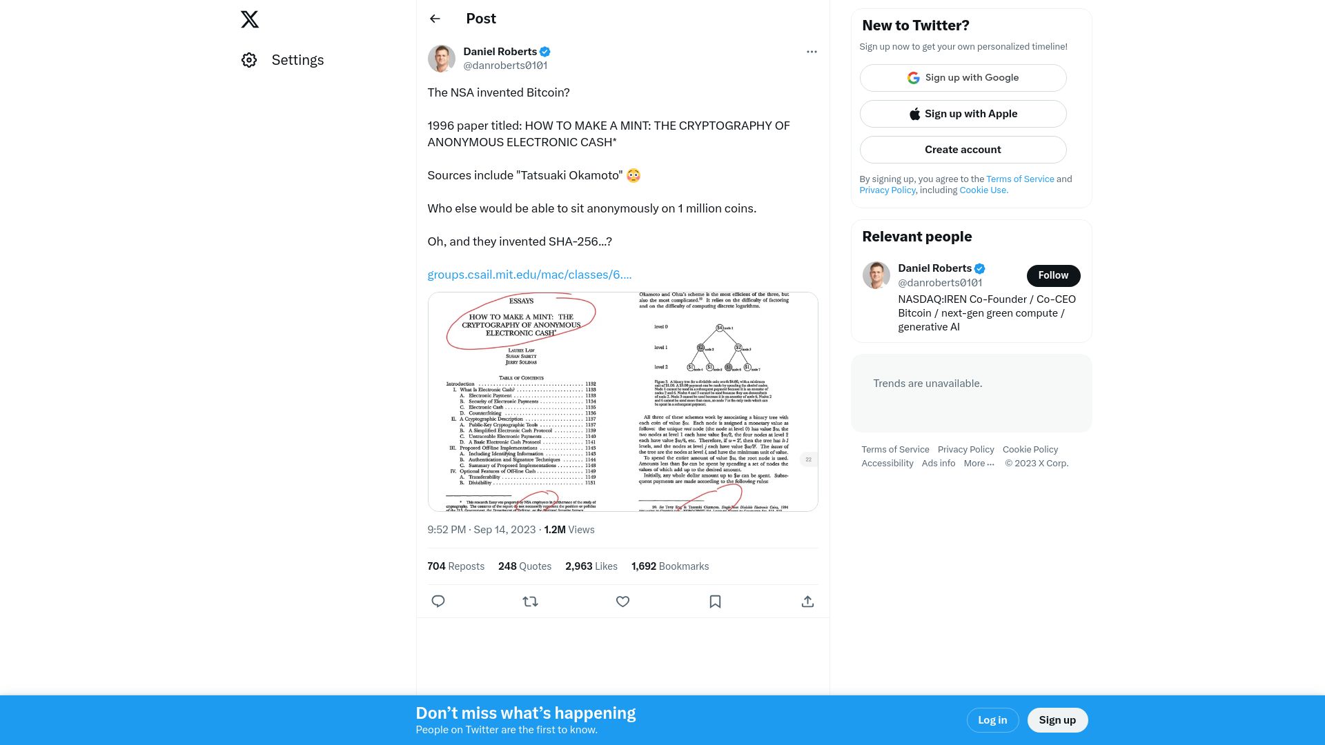 Screenshot of twitter.com: The NSA Invented Bitcoin?