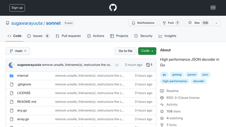 Screenshot of github.com: Sonnet: High performance JSON decoder in Go