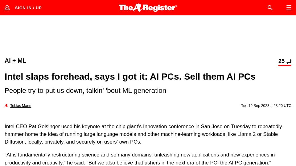 Screenshot of theregister.com: Intel slaps forehead, says I got it: AI PCs. Sell them AI PCs