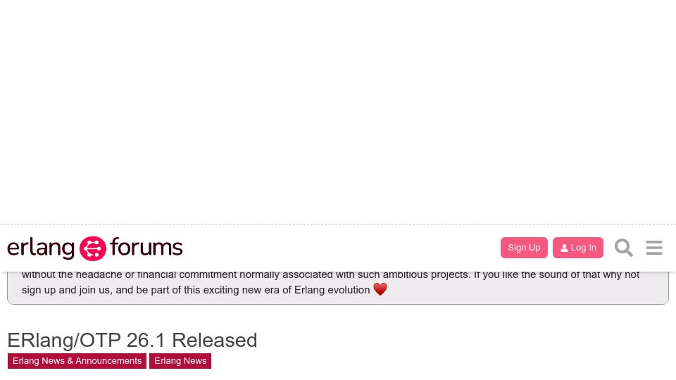 Screenshot of erlangforums.com: Erlang/OTP 26.1 Released