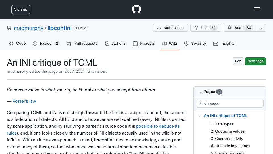 Screenshot of github.com: An INI Critique of TOML (2021)