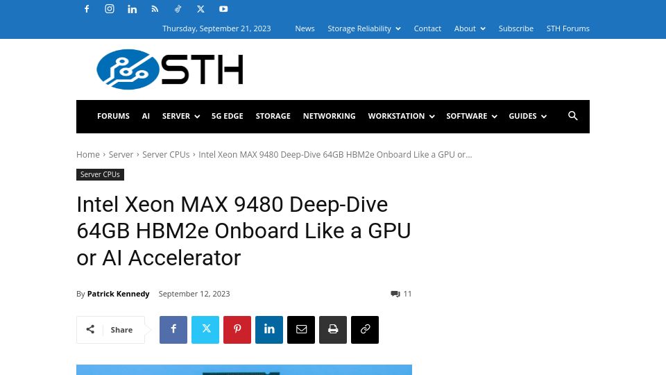 Screenshot of servethehome.com: Intel Xeon Max 9480 Deep-Dive 64GB HBM2e Onboard Like a GPU or AI Accelerator