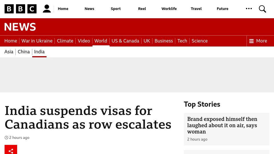 Screenshot of bbc.com: India suspends visas for Canadians as row escalates