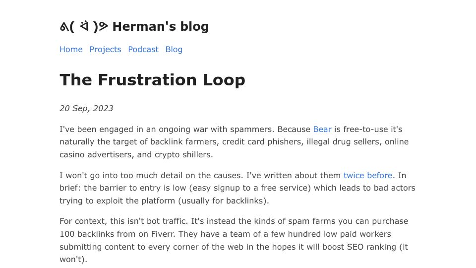 Screenshot of herman.bearblog.dev: The Frustration Loop