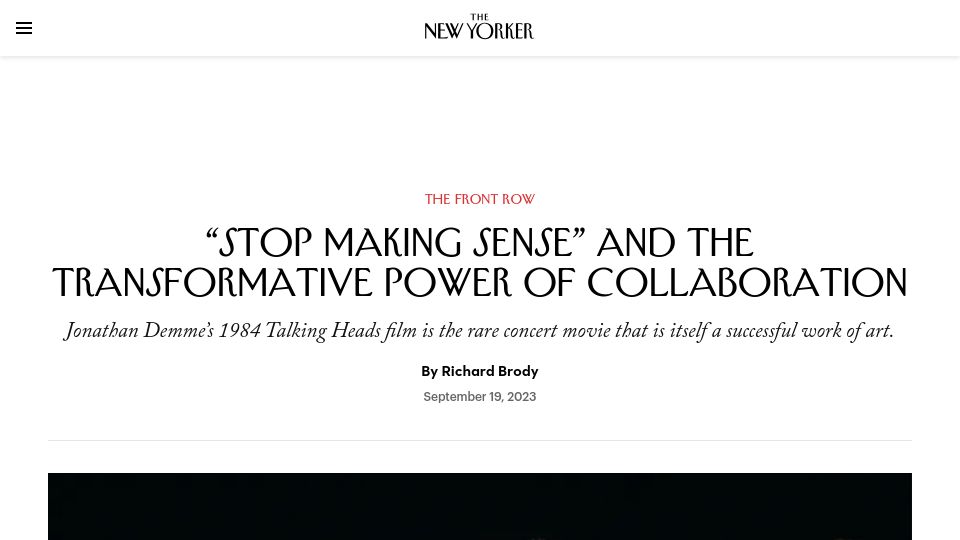 Screenshot of newyorker.com: “Stop Making Sense” is having a theatrical rerelease