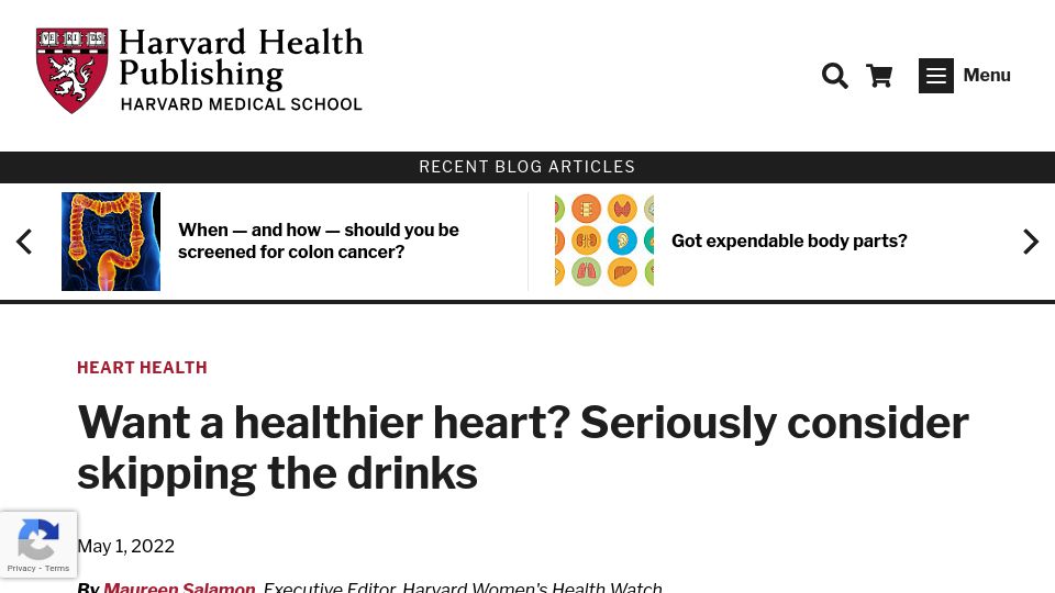 Screenshot of health.harvard.edu: Seriously Consider Skipping the Drinks