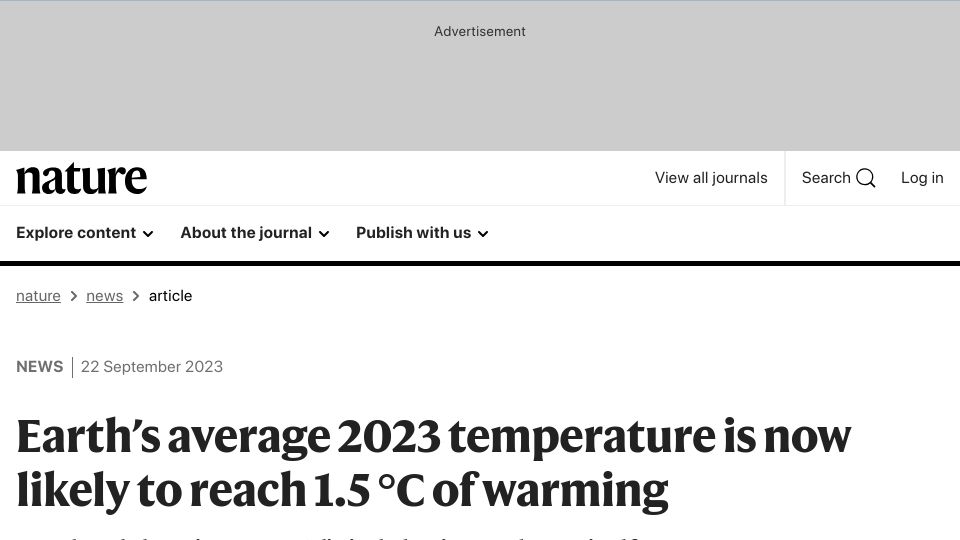 Screenshot of nature.com: Earth’s average 2023 temperature is now likely to reach 1.5 °C of warming