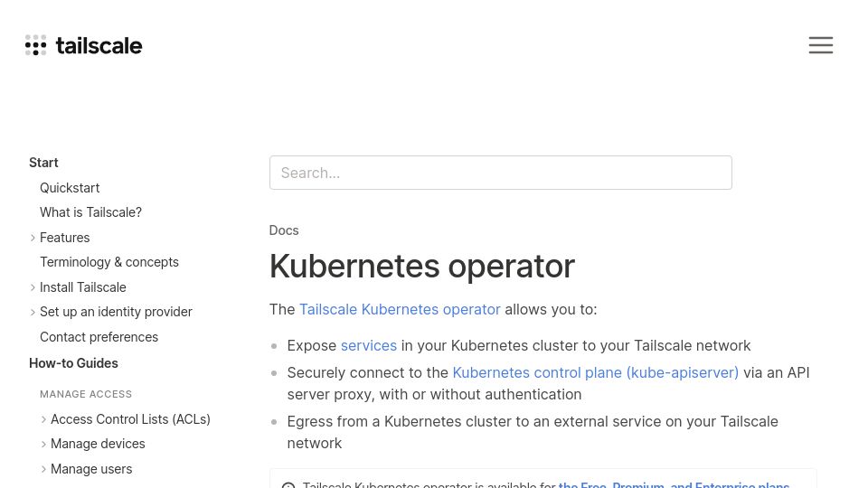 Screenshot of tailscale.com: Tailscale Kubernetes Operator