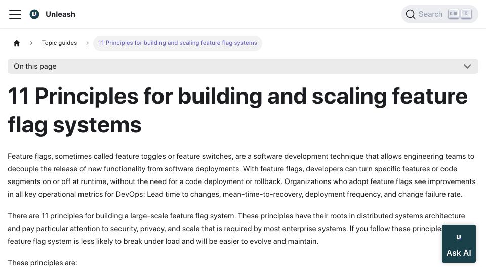Screenshot of docs.getunleash.io: Principles for building and scaling feature flag systems