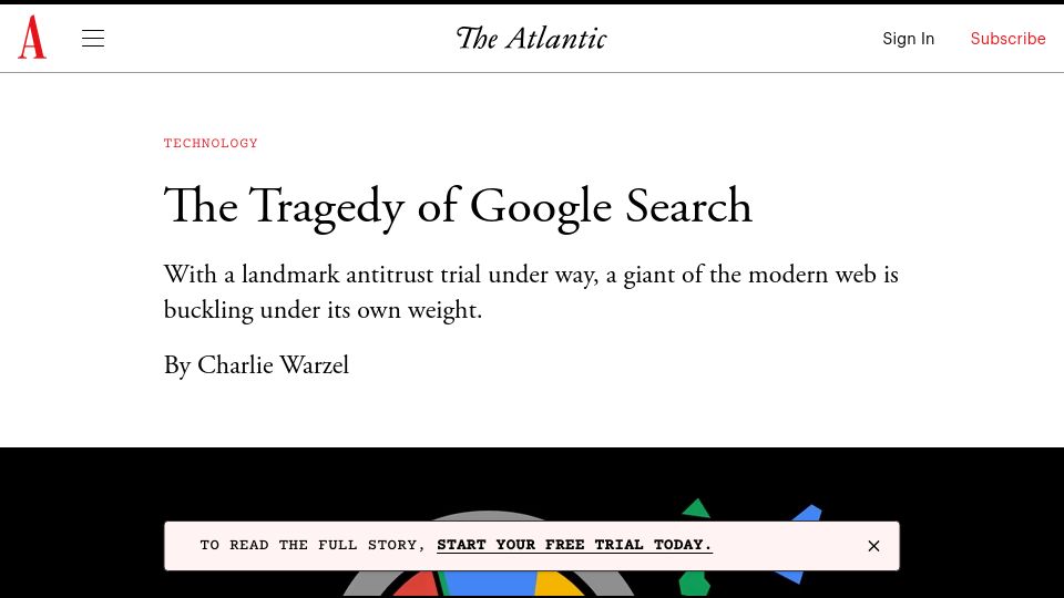 Screenshot of theatlantic.com: The Tragedy of Google Search