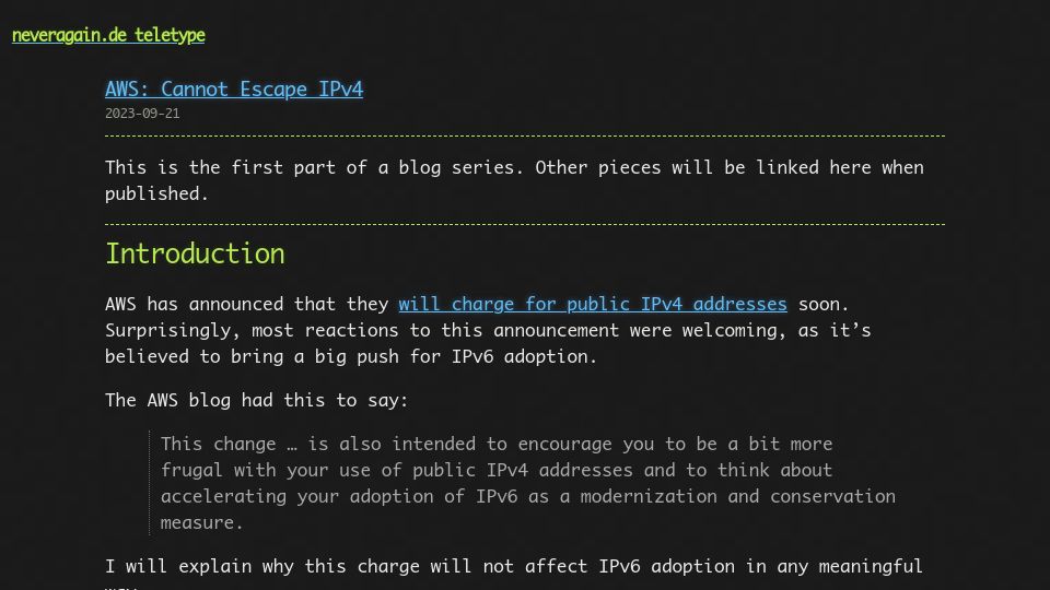 Screenshot of tty.neveragain.de: AWS Customers Cannot Escape IPv4