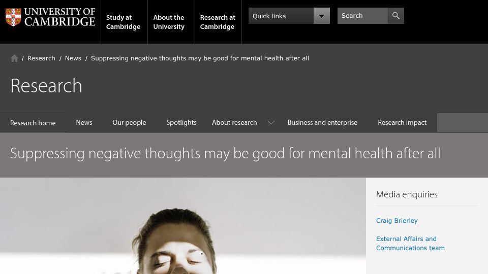 Screenshot of cam.ac.uk: Suppressing negative thoughts may be good for mental health after all