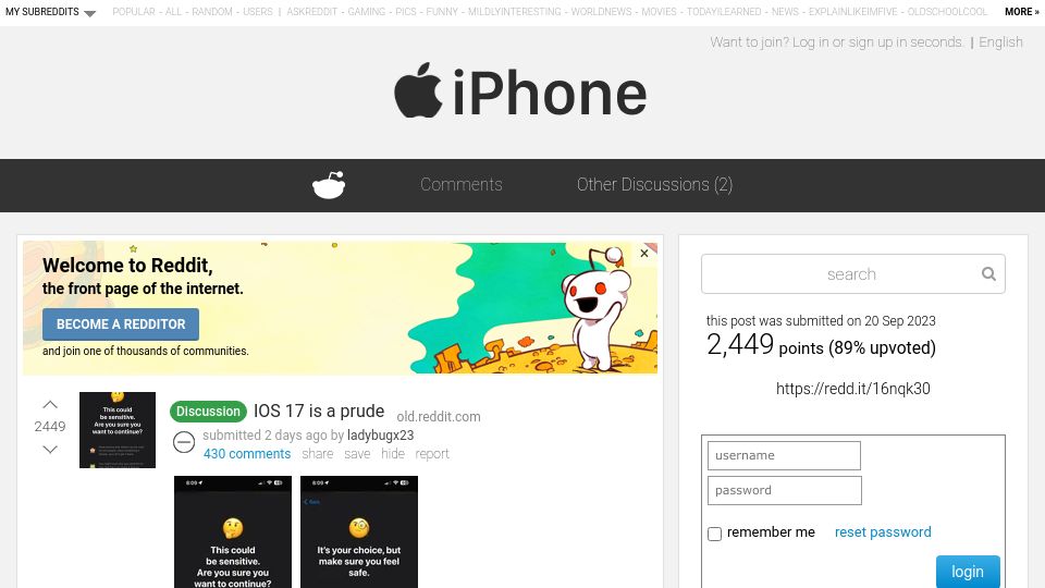 Screenshot of old.reddit.com: iOS 17 Is a Prude
