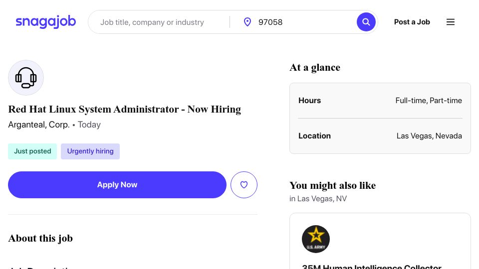 Screenshot of snagajob.com: MGM Seeks Contractors to Repair Infra in 3 Weeks
