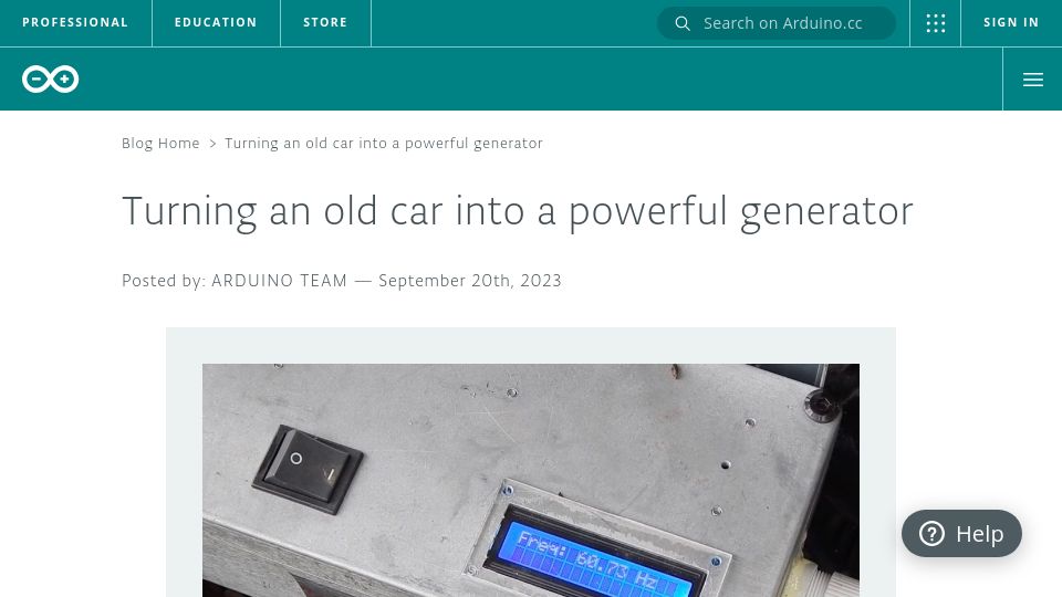 Screenshot of blog.arduino.cc: Turning an old car into a powerful generator