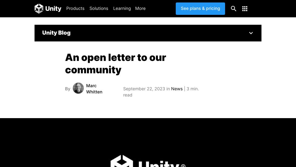 Screenshot of blog.unity.com: An open letter to our community