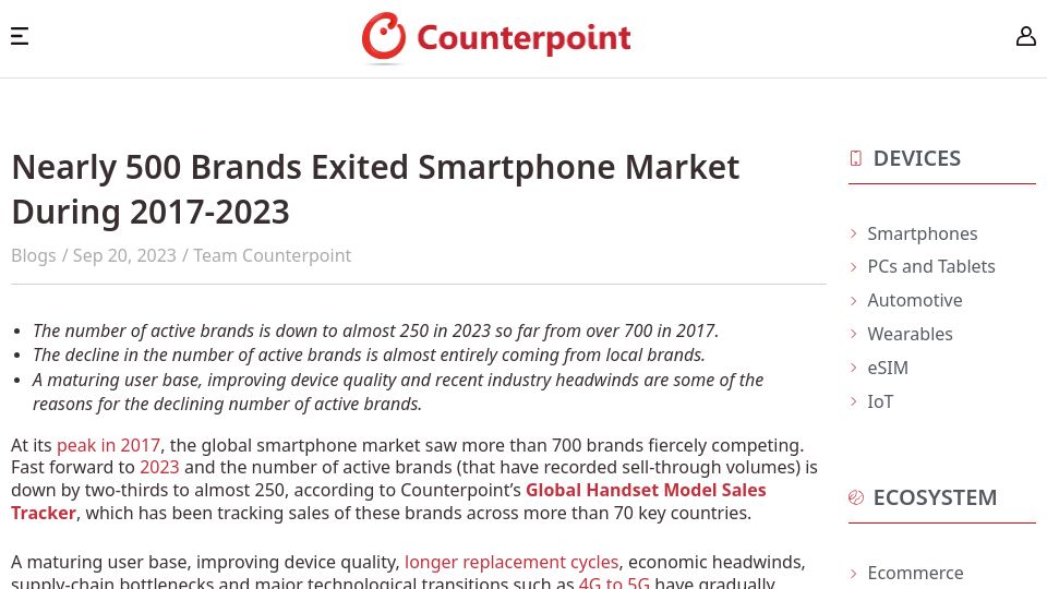 Screenshot of counterpointresearch.com: Nearly 500 brands exited smartphone market during 2017-2023