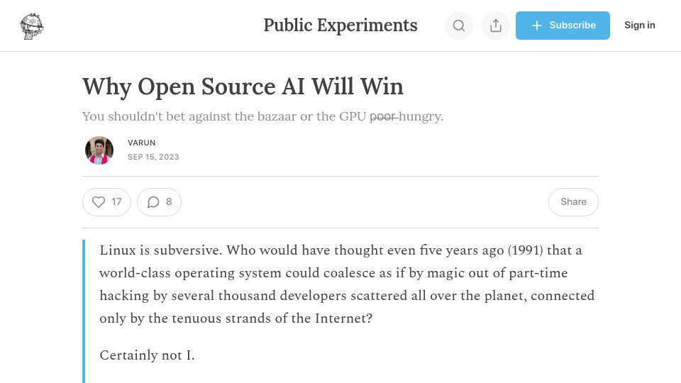 Screenshot of varunshenoy.substack.com: Open source AI will win