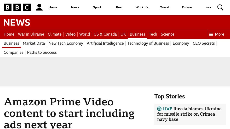 Screenshot of bbc.co.uk: Amazon Prime Video content to start including ads next year