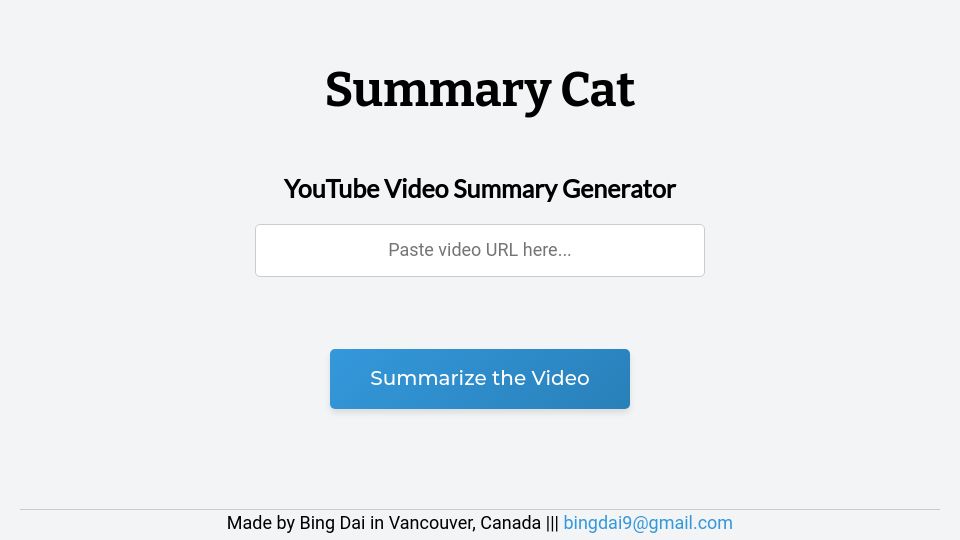 Screenshot of summarycat.com: Show HN: Summary Cat, a YouTube Video Summary Generator