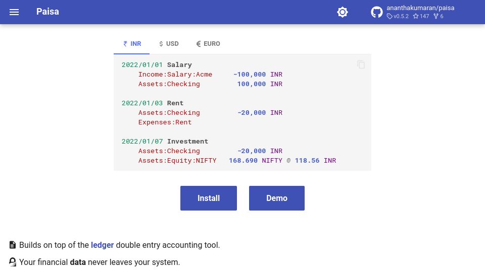 Screenshot of paisa.fyi: Show HN: Paisa – Open-Source Personal Finance Manager