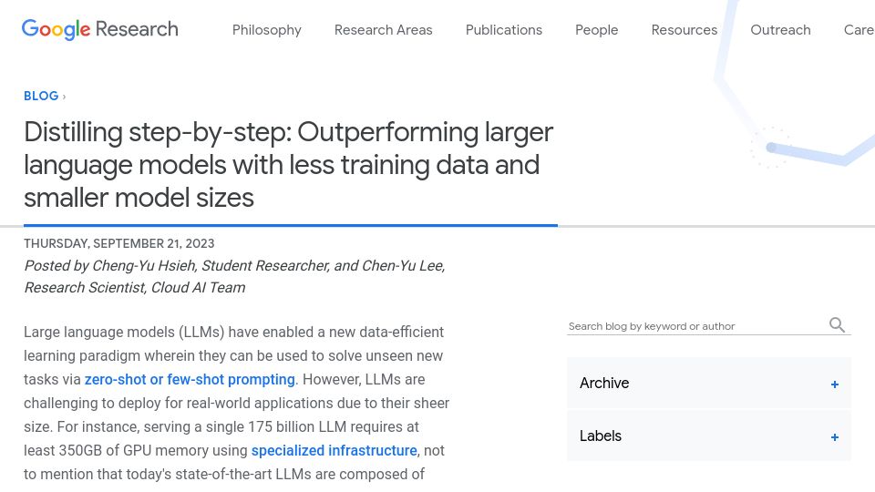 Screenshot of blog.research.google: Outperforming larger language models with less training data and smaller models