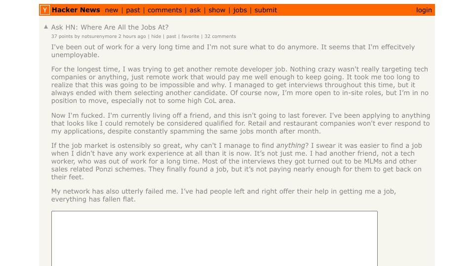 Screenshot of Hacker News post: Ask HN: Where Are All the Jobs At?