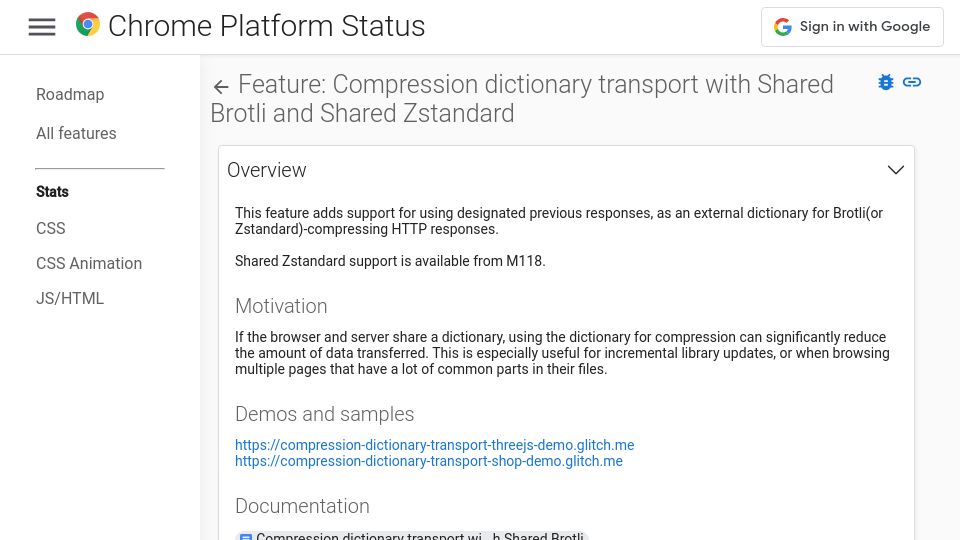 Screenshot of chromestatus.com: Chrome feature: Compression dictionary transport with Shared Brotli