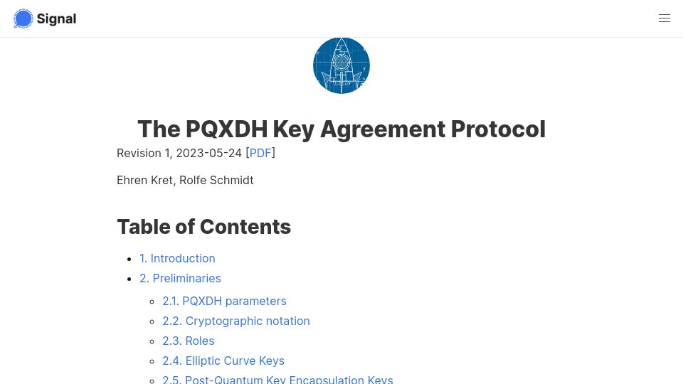 Screenshot of signal.org: Signal: The Pqxdh Key Agreement Protocol