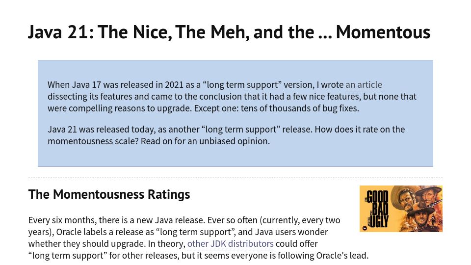 Screenshot of horstmann.com: Java 21: The Nice, the Meh, and the Momentous