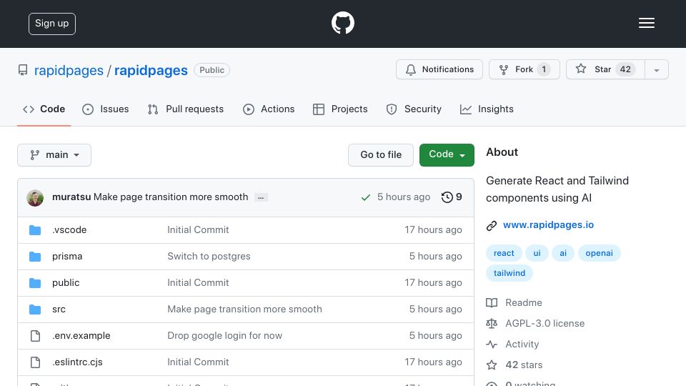Screenshot of github.com: Show HN: Rapidpages – OSS alternative to vercel's v0