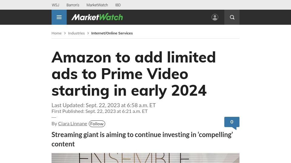 Screenshot of marketwatch.com: Amazon to add limited ads to Prime Video starting in early 2024