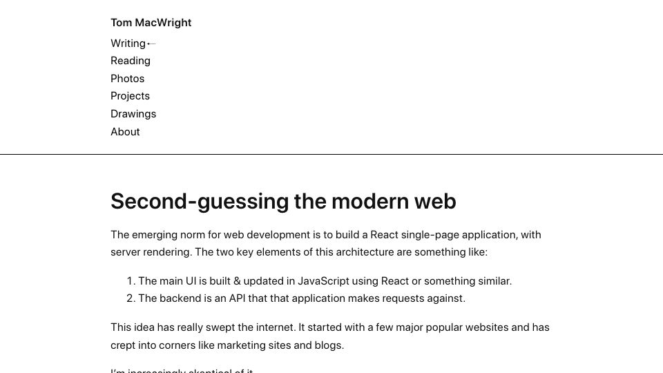 Screenshot of macwright.com: Second-Guessing the Modern Web (2020)