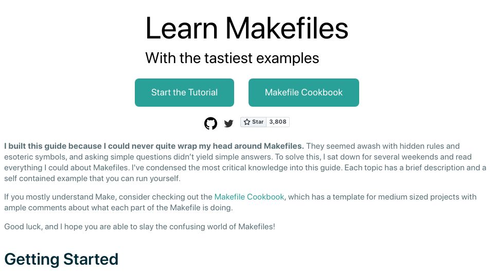 Screenshot of makefiletutorial.com: Makefile Tutorial