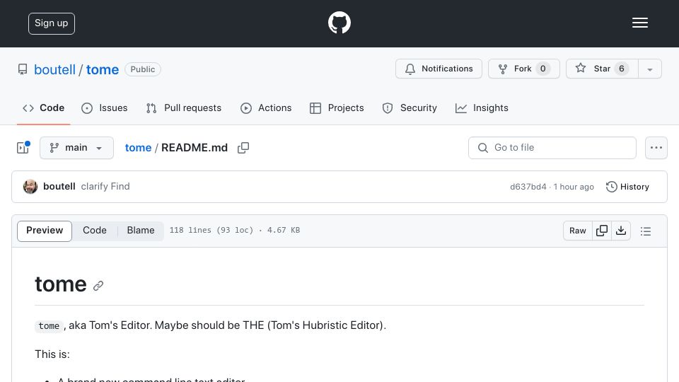 Screenshot of github.com: Show HN: Tome, aka Tom's Editor – a new command-line text editor