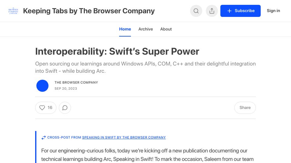 Screenshot of browsercompany.substack.com: Interoperability: Swift’s Super Power