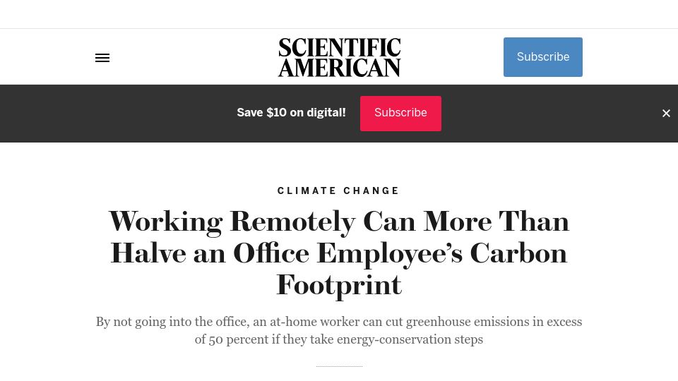 Screenshot of scientificamerican.com: Working remotely can more than halve an office employee’s carbon footprint