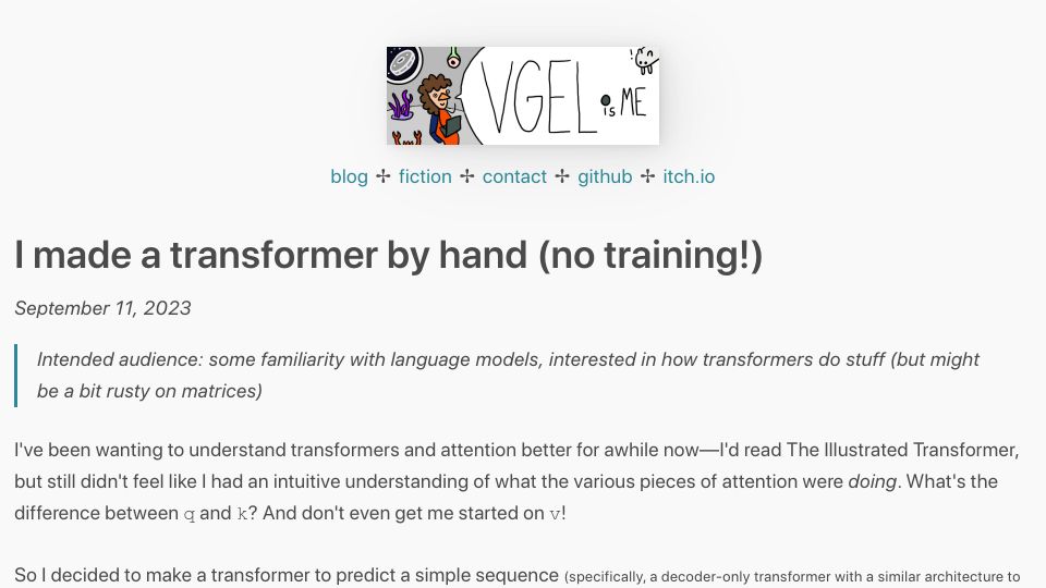 Screenshot of vgel.me: I made a transformer to predict a simple sequence manually
