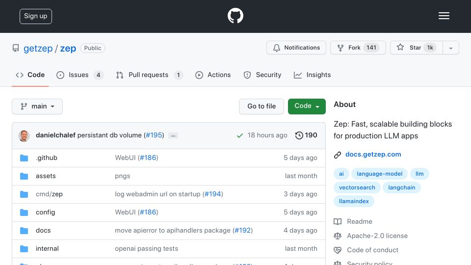 Screenshot of github.com: Zep: Fast, scalable building blocks for production LLM apps