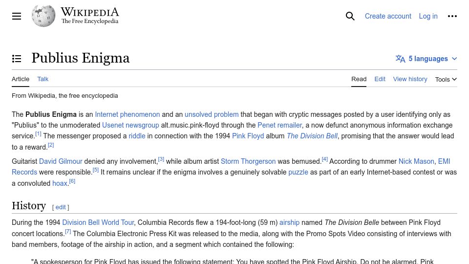 Screenshot of en.wikipedia.org: Publius Enigma